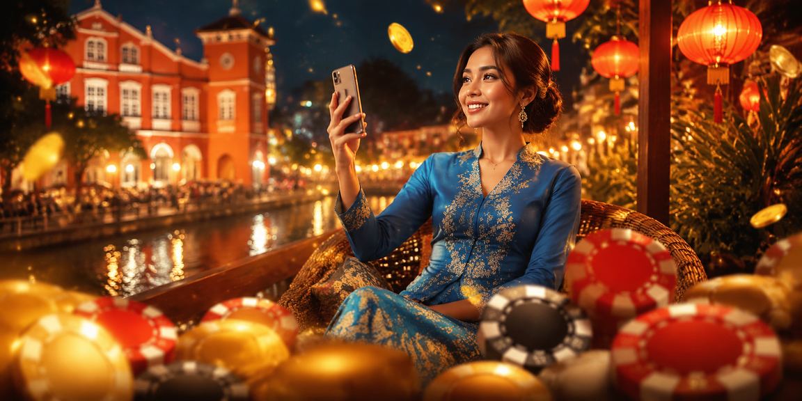 Wanita berbaju kurung bermain kasino langsung di telefon pintar di Melaka