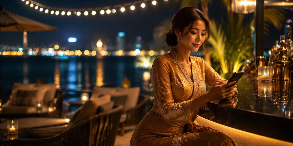 Wanita Malaysia berkebaya bermain permainan popular di telefon pintar